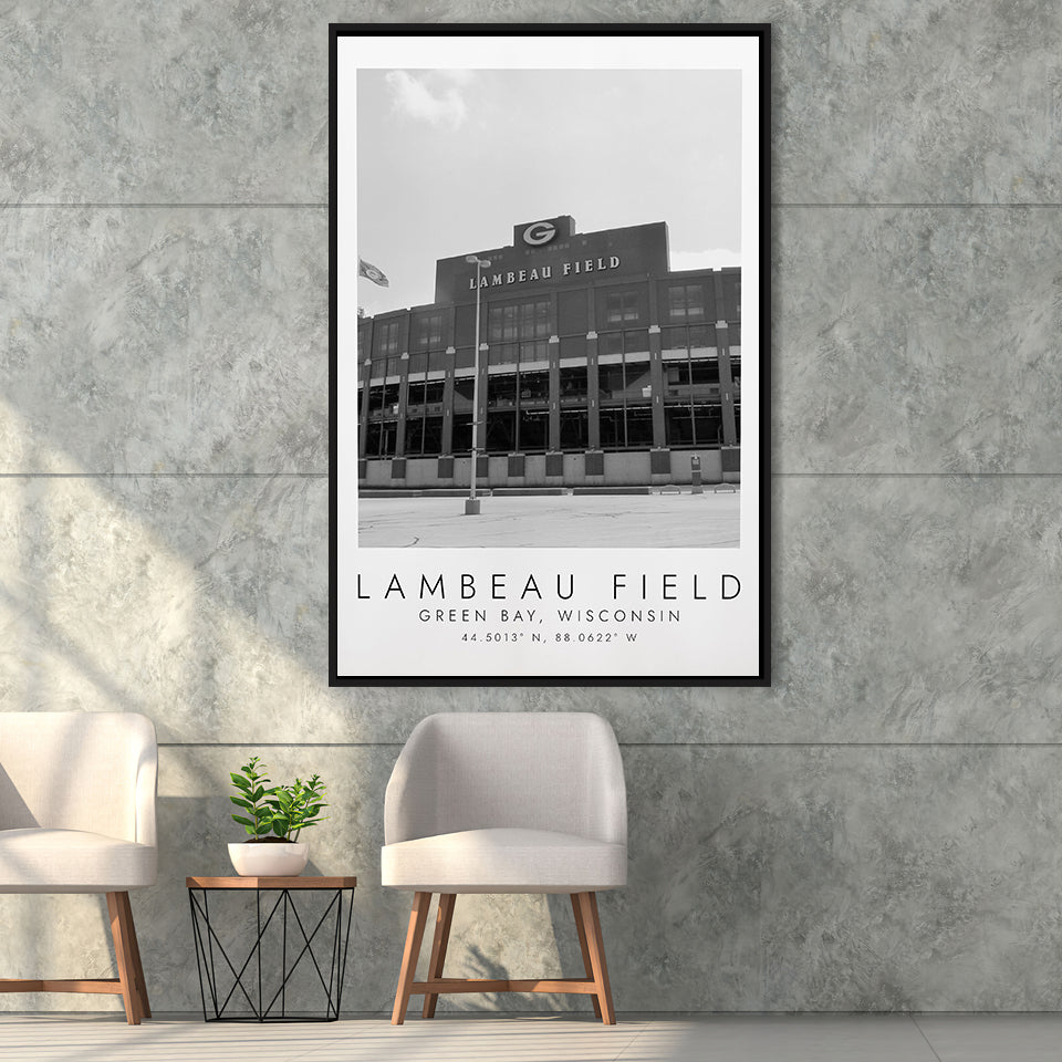 Lambeau Field Green Bay Packers, Stadium Wall Art For Football Lovers, B&W, Floating Framed Canvas Print