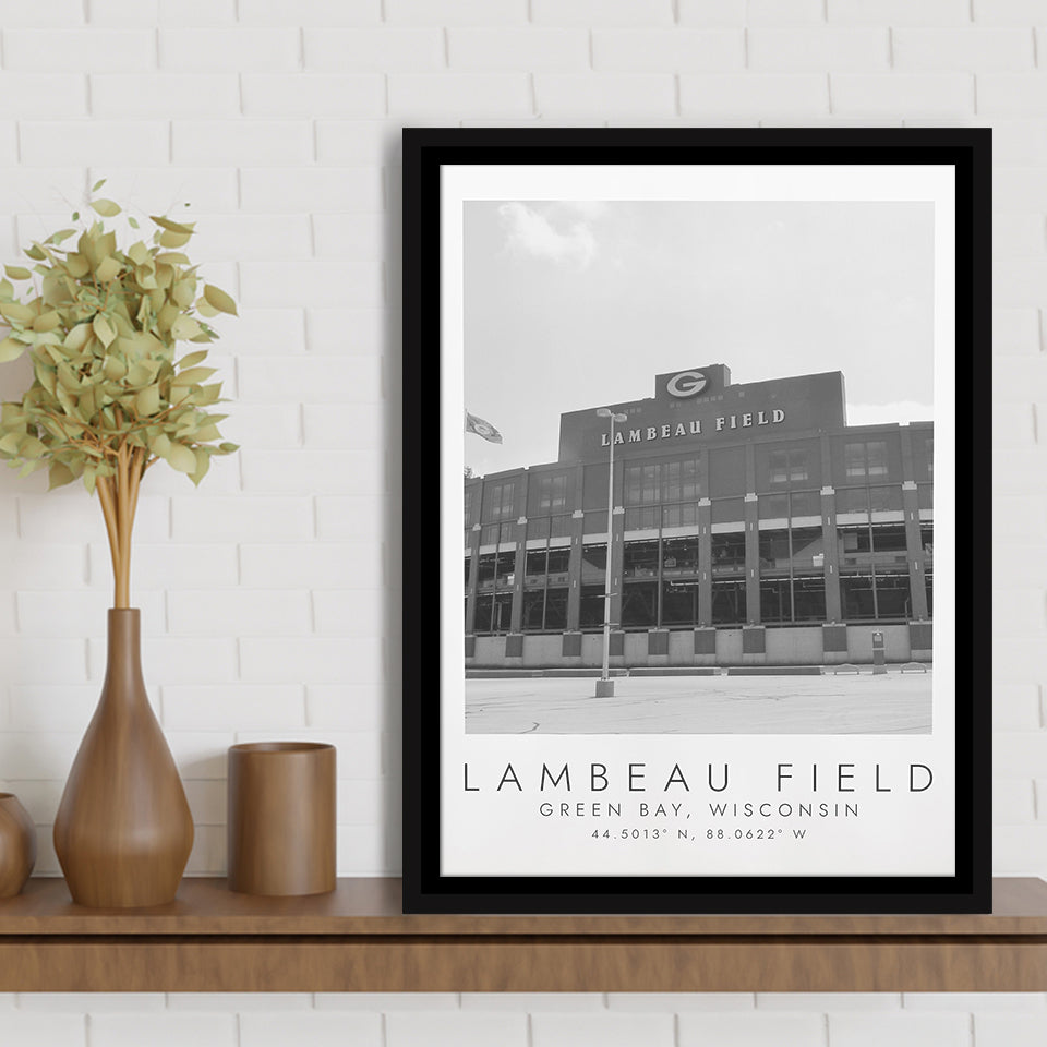 Lambeau Field Green Bay Packers, Stadium Wall Art For Football Lovers, B&W, Floating Framed Canvas Print