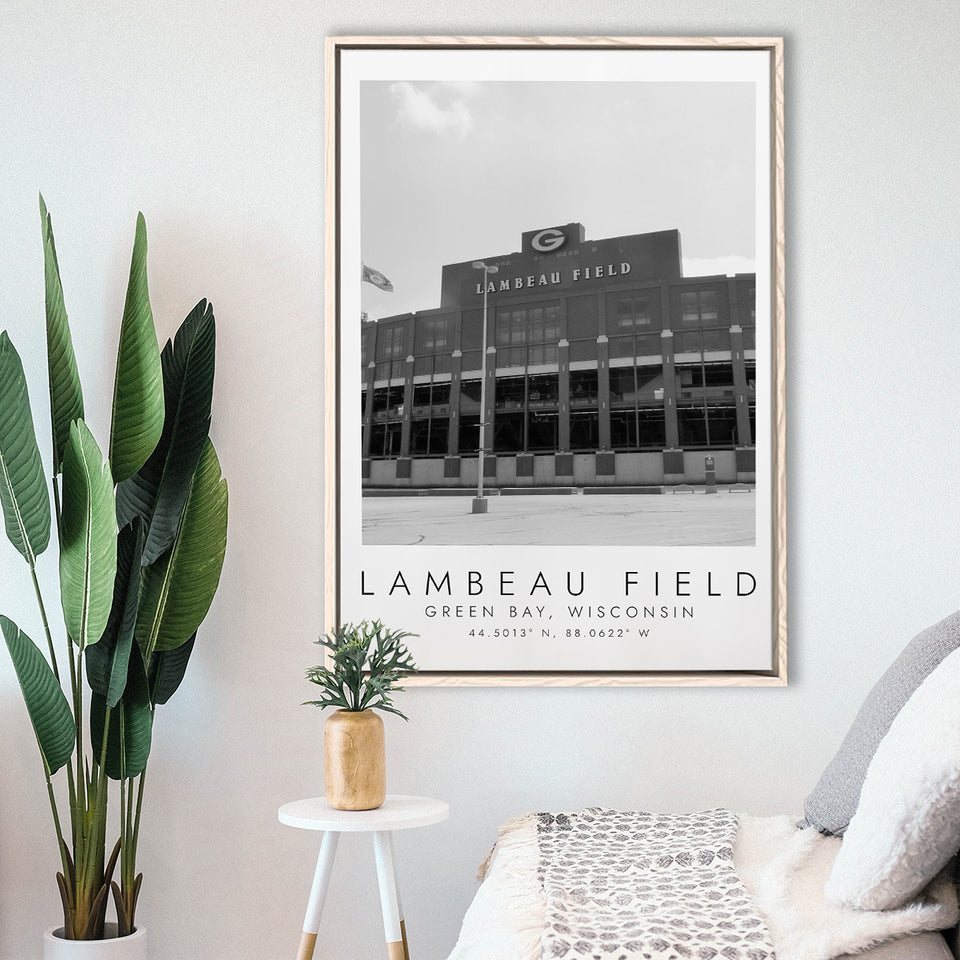 Lambeau Field Green Bay Packers, Stadium Wall Art For Football Lovers, B&W, Floating Framed Canvas Print