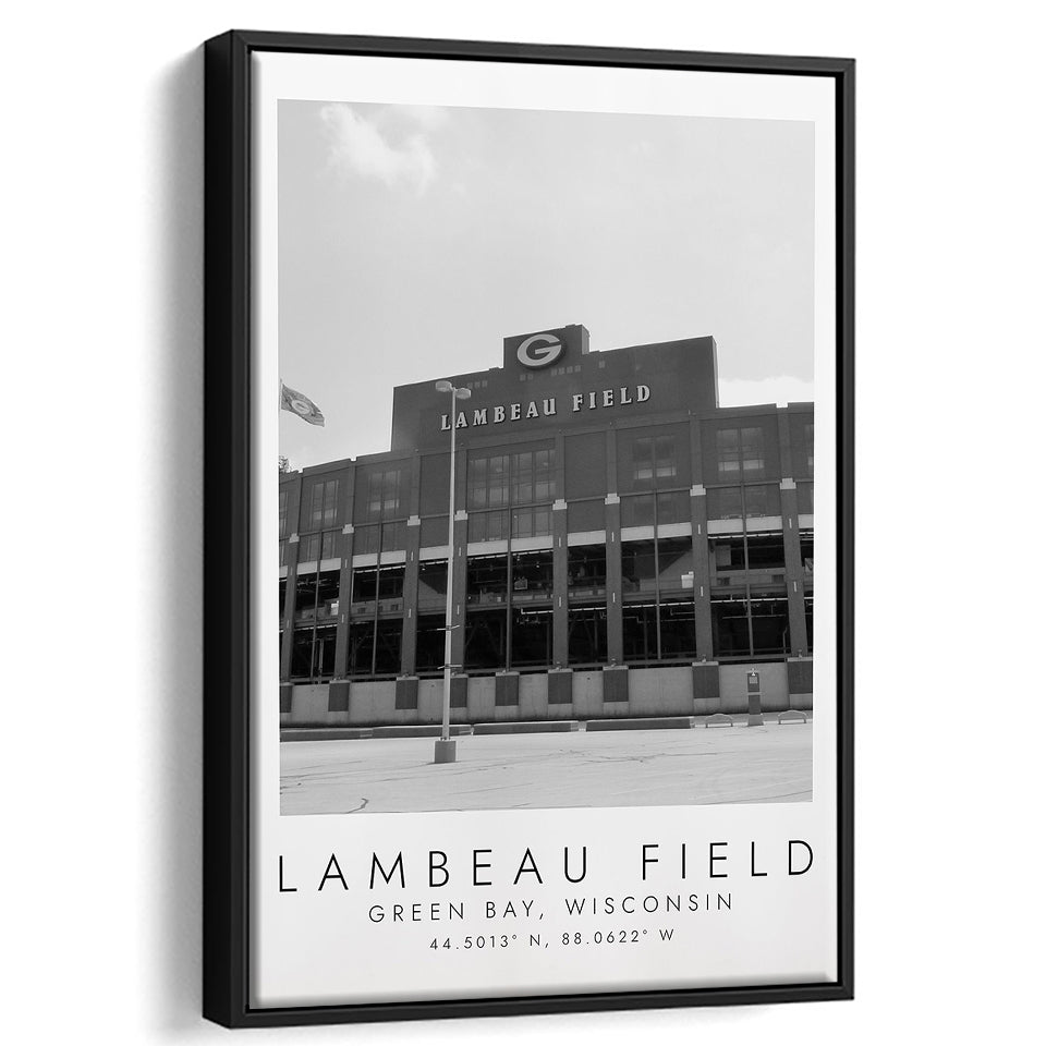 Lambeau Field Green Bay Packers, Stadium Wall Art For Football Lovers, B&W, Floating Framed Canvas Print