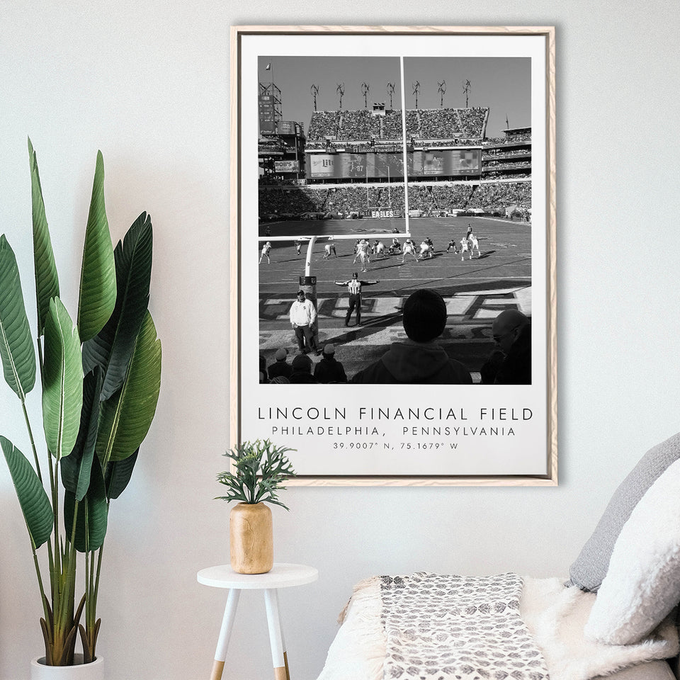 Lincoln Financial Field Philadelphia Eagles, Stadium Wall Art For Football Lovers, B&W, Floating Framed Canvas Print
