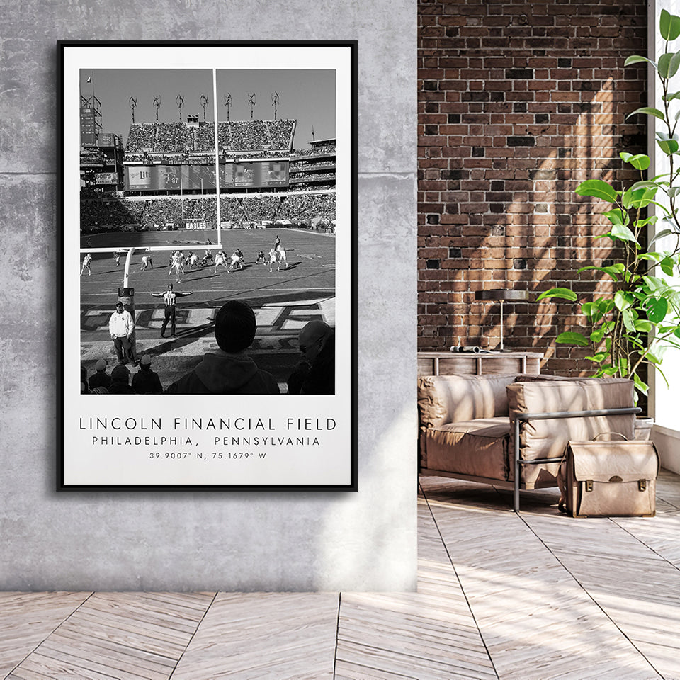Lincoln Financial Field Philadelphia Eagles, Stadium Wall Art For Football Lovers, B&W, Floating Framed Canvas Print