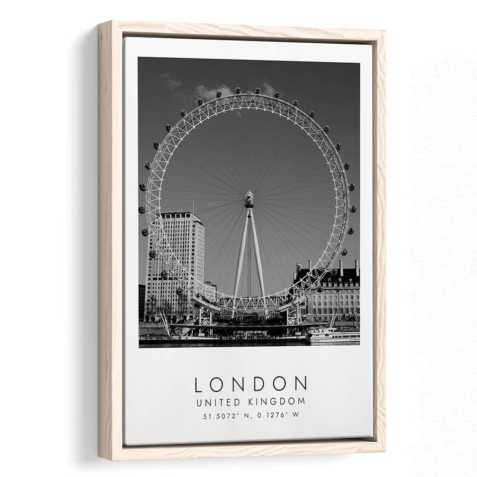 London, United Kingdom, Wall Art For Travel Lovers, B&W, Floating Framed Canvas Print