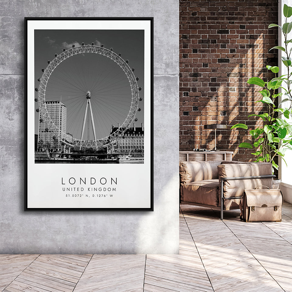 London, United Kingdom, Wall Art For Travel Lovers, B&W, Floating Framed Canvas Print