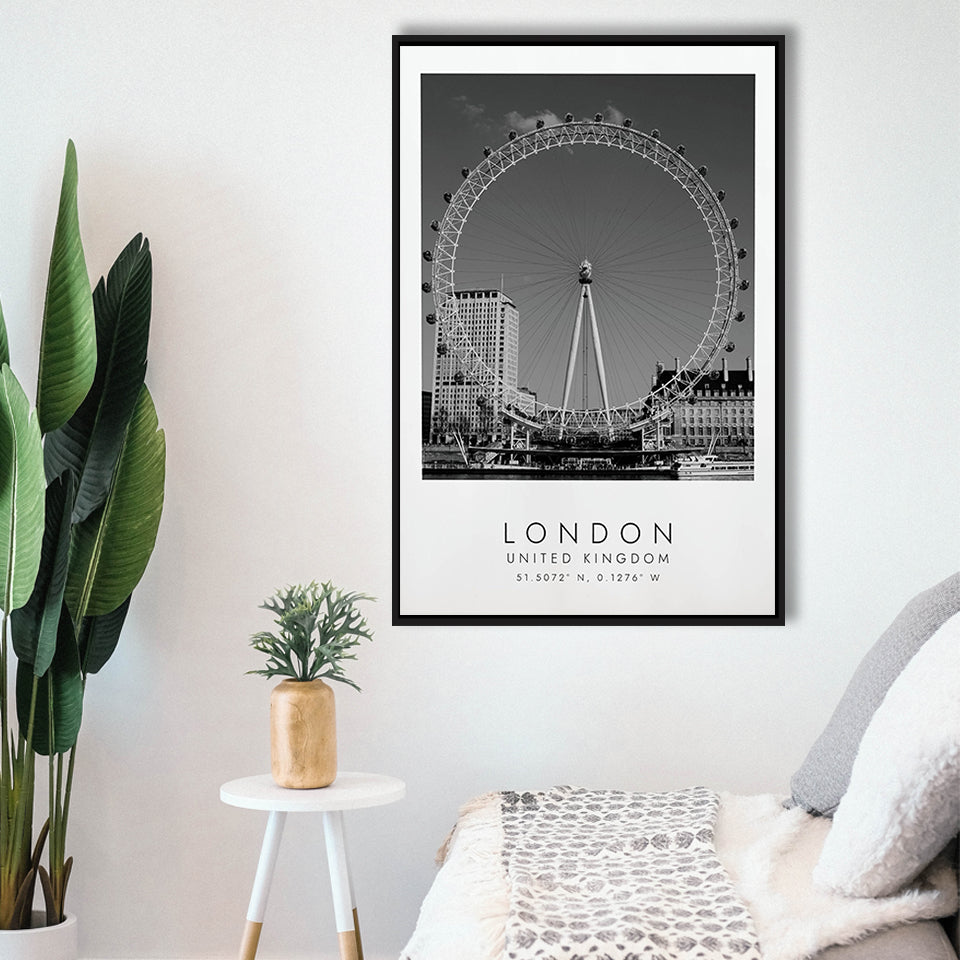 London, United Kingdom, Wall Art For Travel Lovers, B&W, Floating Framed Canvas Print