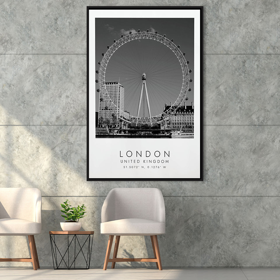 London, United Kingdom, Wall Art For Travel Lovers, B&W, Floating Framed Canvas Print