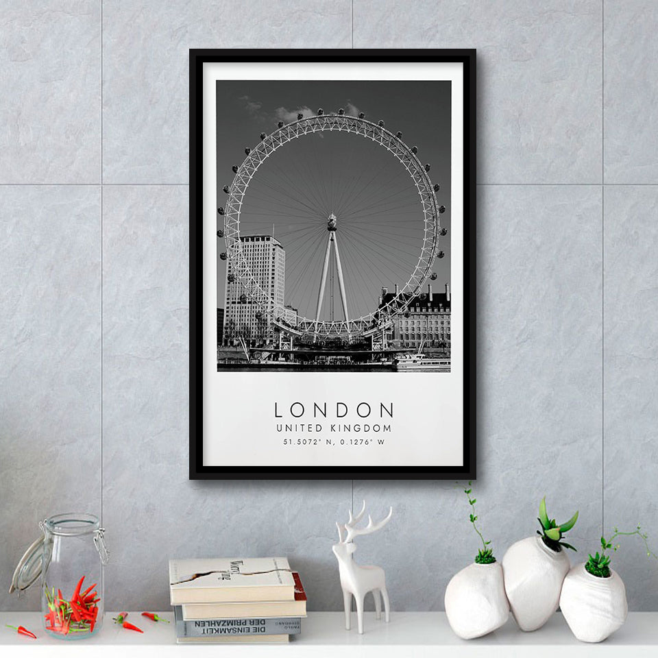 London, United Kingdom, Wall Art For Travel Lovers, B&W, Floating Framed Canvas Print