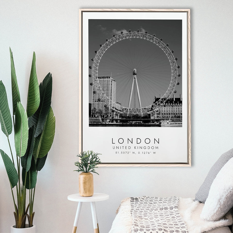 London, United Kingdom, Wall Art For Travel Lovers, B&W, Floating Framed Canvas Print