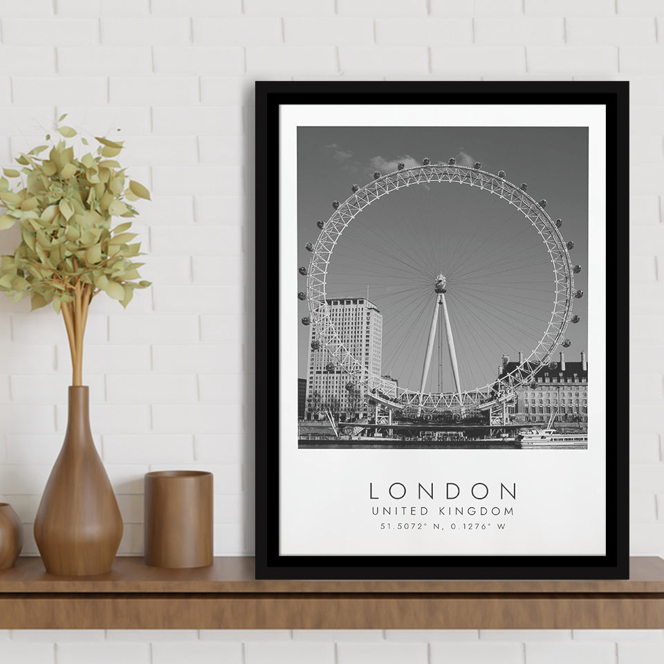 London, United Kingdom, Wall Art For Travel Lovers, B&W, Floating Framed Canvas Print