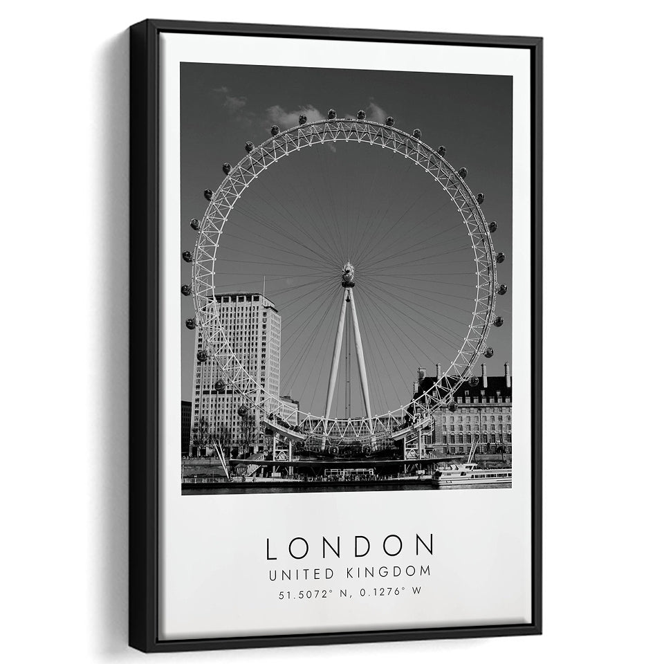 London, United Kingdom, Wall Art For Travel Lovers, B&W, Floating Framed Canvas Print