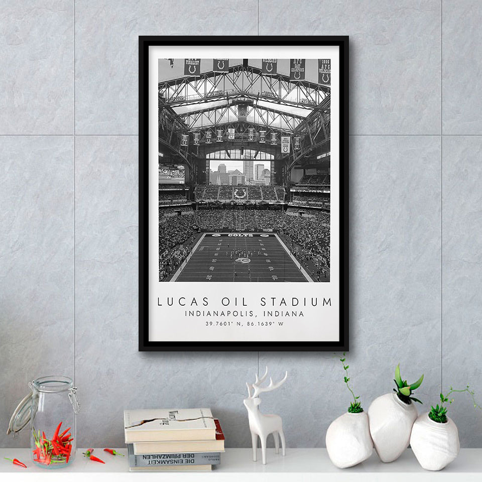 Lucas Oil Stadium Indianapolis Colts, Stadium Wall Art For Football Lovers, B&W, Floating Framed Canvas Print
