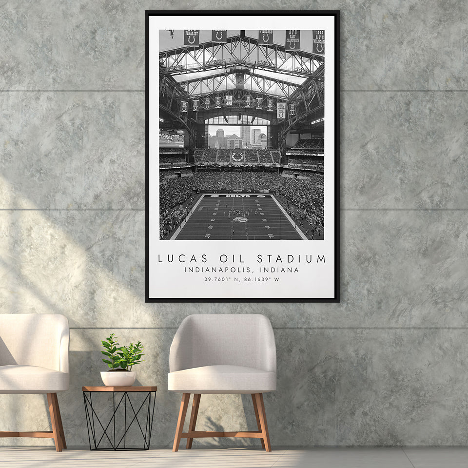 Lucas Oil Stadium Indianapolis Colts, Stadium Wall Art For Football Lovers, B&W, Floating Framed Canvas Print