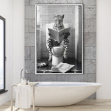 Leopard Print Framed Canvas Prints Wall Art, Funny Bathroom Decor, Leopard In Toilet