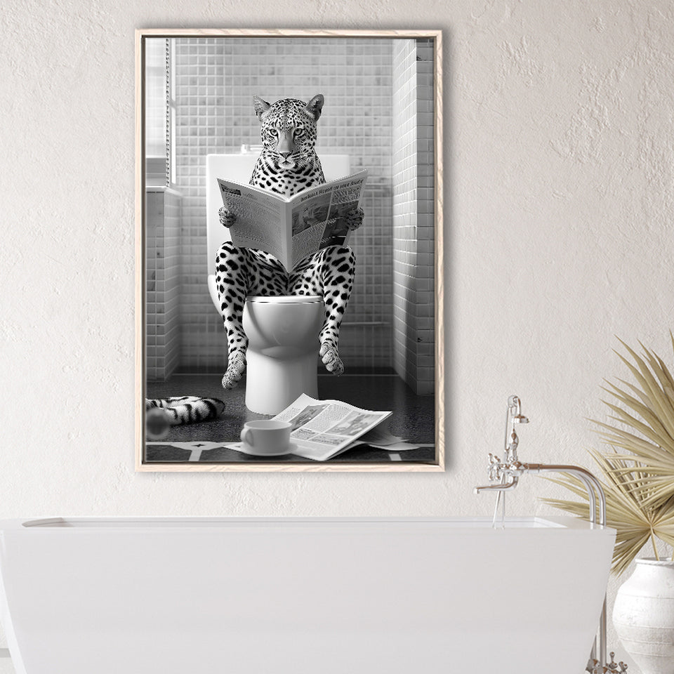 Leopard Print Framed Canvas Prints Wall Art, Funny Bathroom Decor, Leopard In Toilet