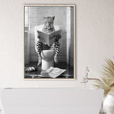 Leopard Print Framed Canvas Prints Wall Art, Funny Bathroom Decor, Leopard In Toilet