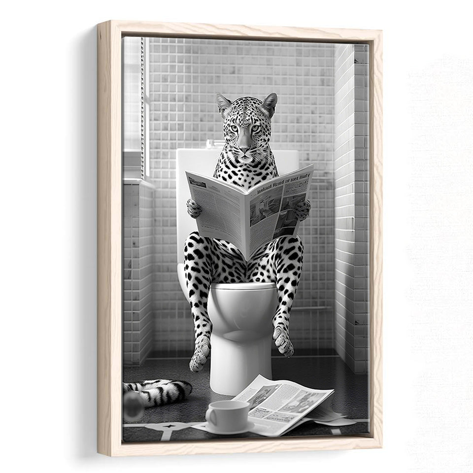 Leopard Print Framed Canvas Prints Wall Art, Funny Bathroom Decor, Leopard In Toilet