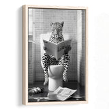 Leopard Print Framed Canvas Prints Wall Art, Funny Bathroom Decor, Leopard In Toilet