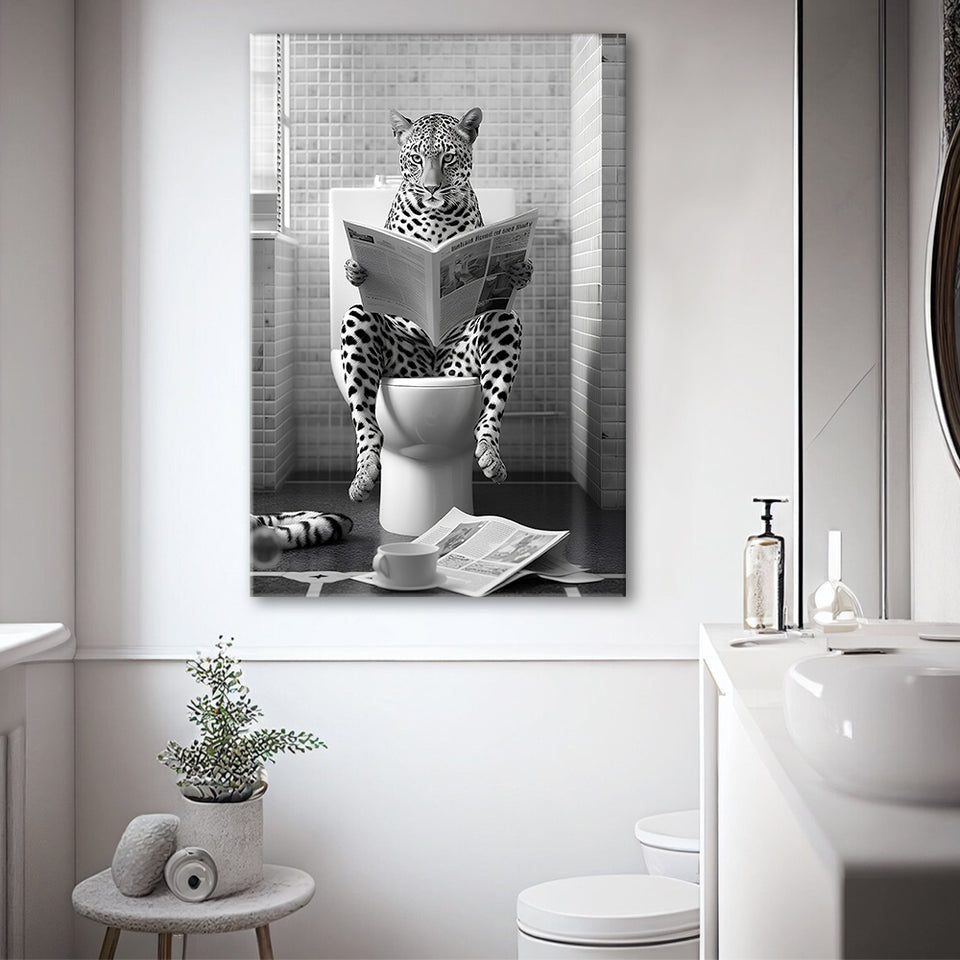 Leopard Print Canvas Prints Wall Art, Funny Bathroom Decor, Leopard in Toilet
