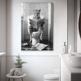Leopard Print Canvas Prints Wall Art, Funny Bathroom Decor, Leopard in Toilet