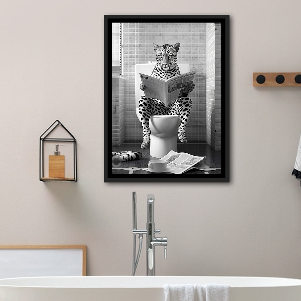 Leopard Print Framed Canvas Prints Wall Art, Funny Bathroom Decor, Leopard In Toilet