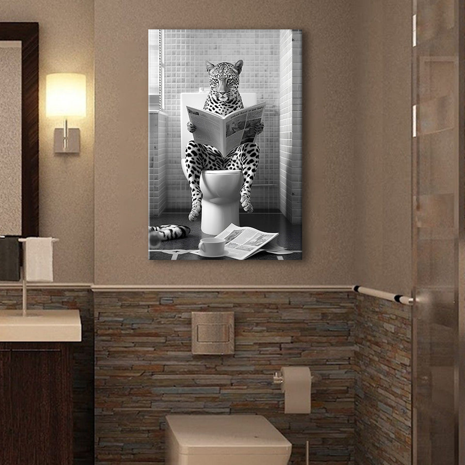 Leopard Print Canvas Prints Wall Art, Funny Bathroom Decor, Leopard in Toilet