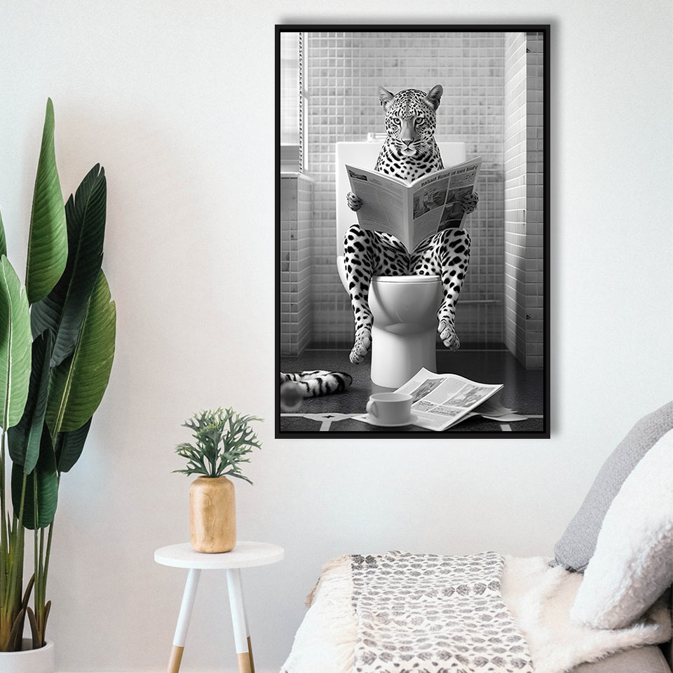 Leopard Print Framed Canvas Prints Wall Art, Funny Bathroom Decor, Leopard In Toilet