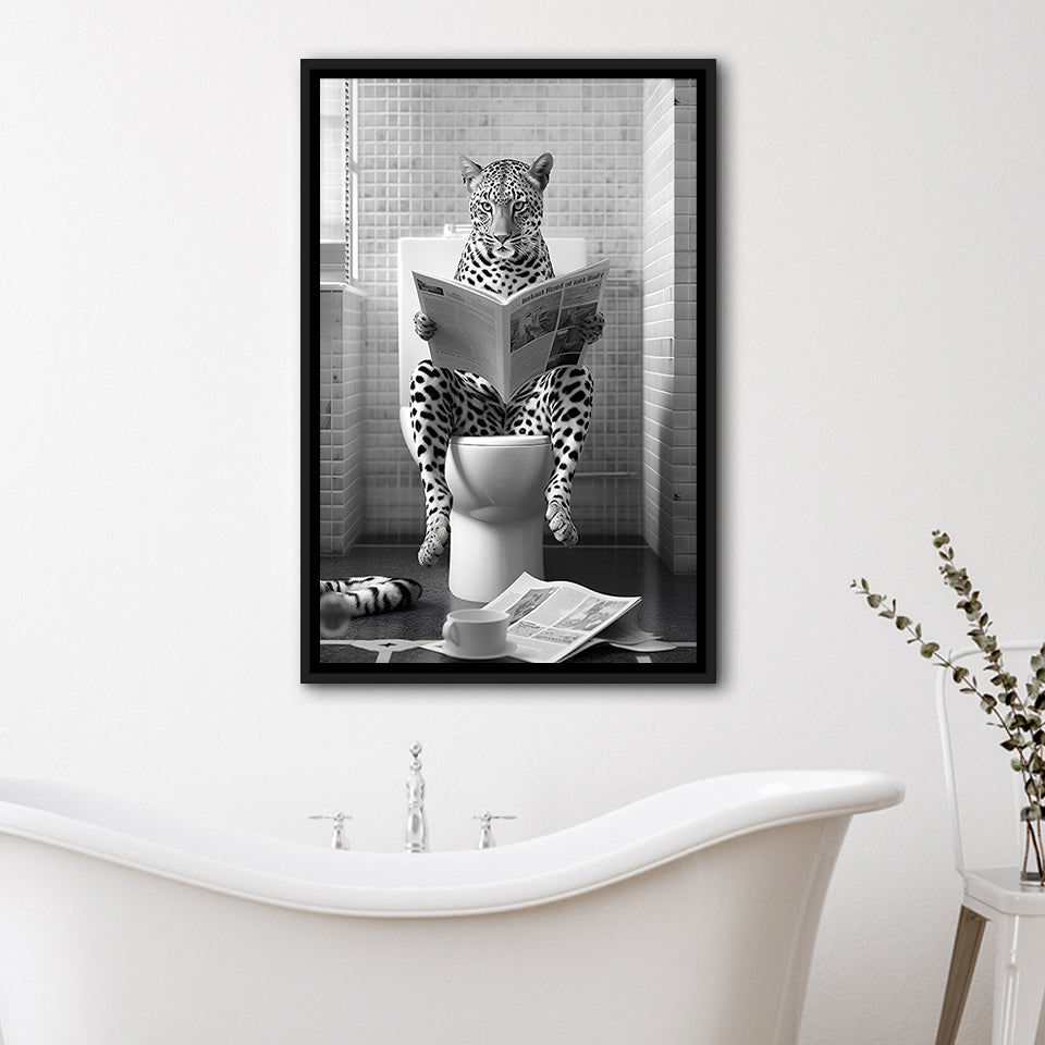 Leopard Print Framed Canvas Prints Wall Art, Funny Bathroom Decor, Leopard In Toilet