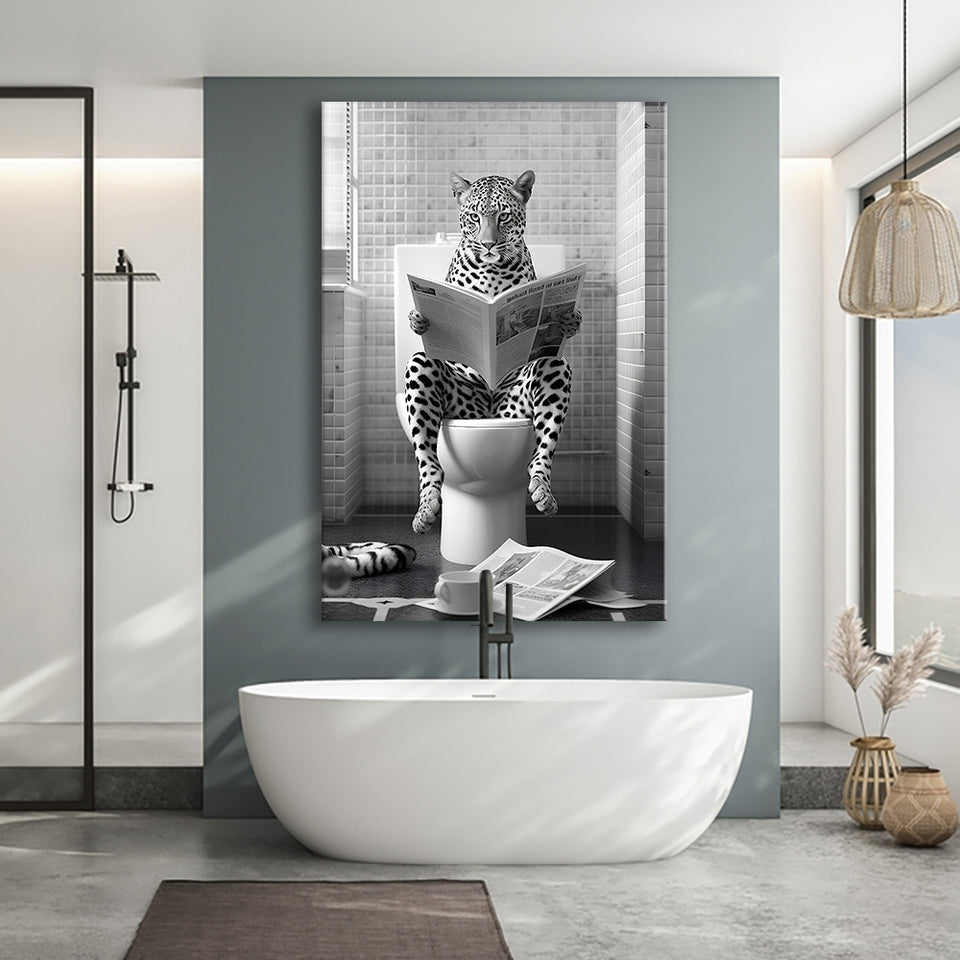 Leopard Print Canvas Prints Wall Art, Funny Bathroom Decor, Leopard in Toilet