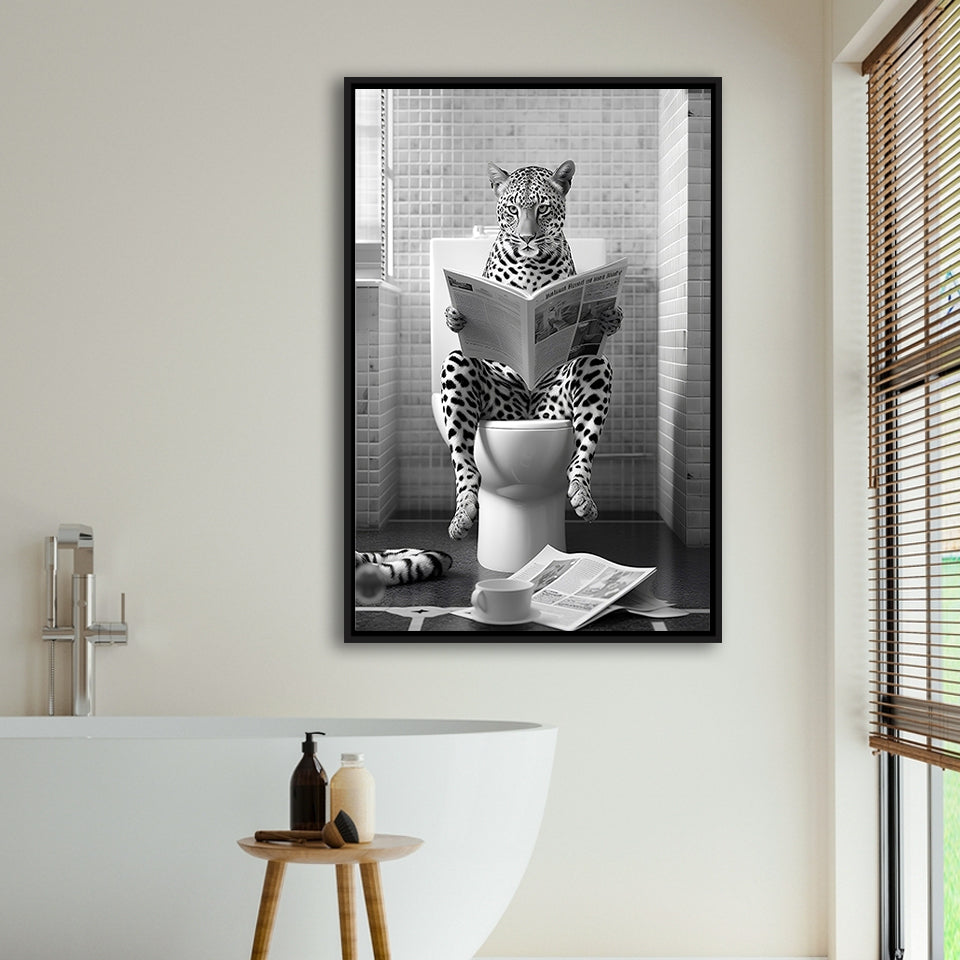 Leopard Print Framed Canvas Prints Wall Art, Funny Bathroom Decor, Leopard In Toilet
