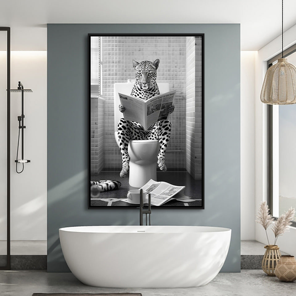 Leopard Print Framed Canvas Prints Wall Art, Funny Bathroom Decor, Leopard In Toilet