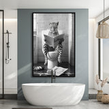 Leopard Print Framed Canvas Prints Wall Art, Funny Bathroom Decor, Leopard In Toilet