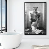 Leopard Print Framed Art Print Wall Decor, Funny Bathroom Decor, Leopard In Toilet