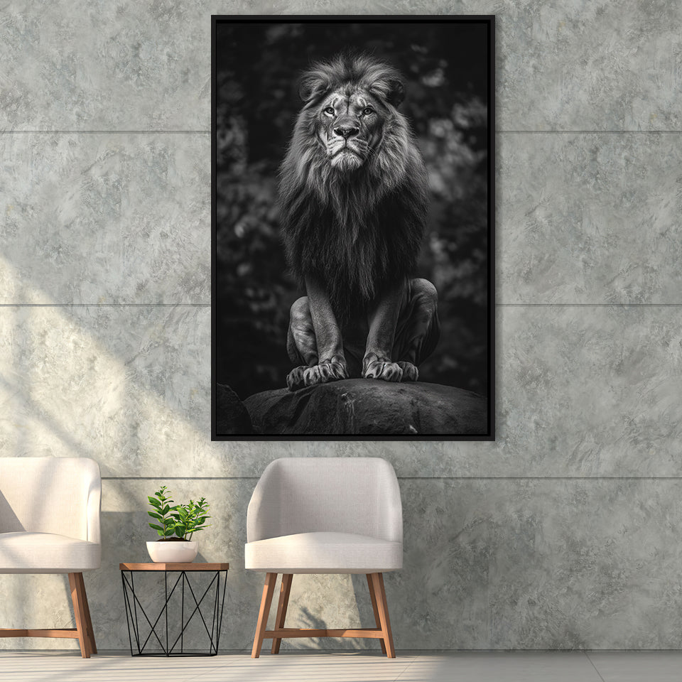 Lion King Portrait Black And White V10, Framed Canvas Prints Wall Art Decor, Floarting Frame Painting Canvas Art