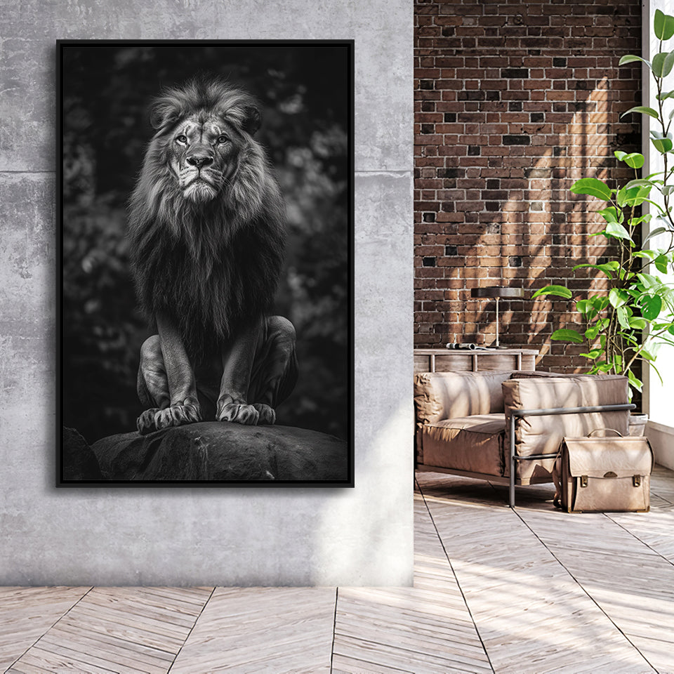 Lion King Portrait Black And White V10, Framed Canvas Prints Wall Art Decor, Floarting Frame Painting Canvas Art
