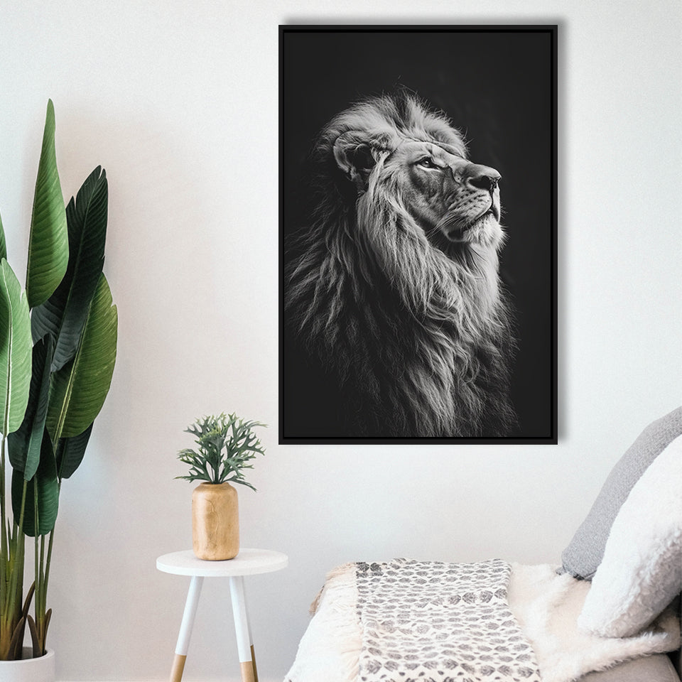 Lion King Portrait Black And White V6, Framed Canvas Prints Wall Art Decor, Floarting Frame Painting Canvas Art