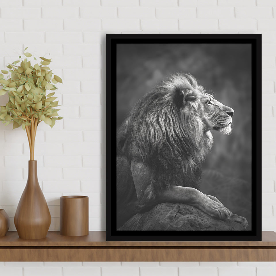 Lion King Portrait Black And White V9, Framed Canvas Prints Wall Art Decor, Floarting Frame Painting Canvas Art