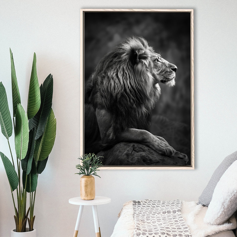 Lion King Portrait Black And White V9, Framed Canvas Prints Wall Art Decor, Floarting Frame Painting Canvas Art