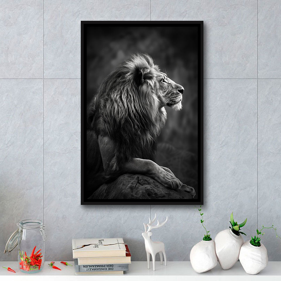 Lion King Portrait Black And White V9, Framed Canvas Prints Wall Art Decor, Floarting Frame Painting Canvas Art