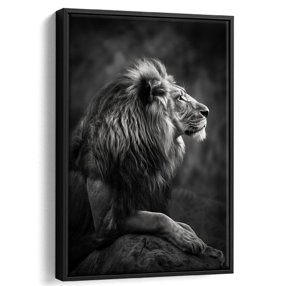 Lion King Portrait Black And White V9, Framed Canvas Prints Wall Art Decor, Floarting Frame Painting Canvas Art