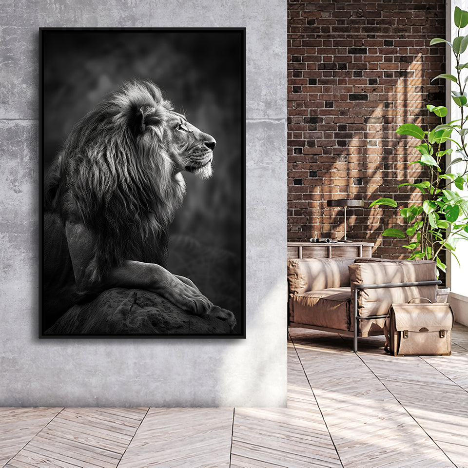 Lion King Portrait Black And White V9, Framed Canvas Prints Wall Art Decor, Floarting Frame Painting Canvas Art