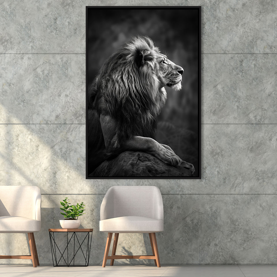 Lion King Portrait Black And White V9, Framed Canvas Prints Wall Art Decor, Floarting Frame Painting Canvas Art