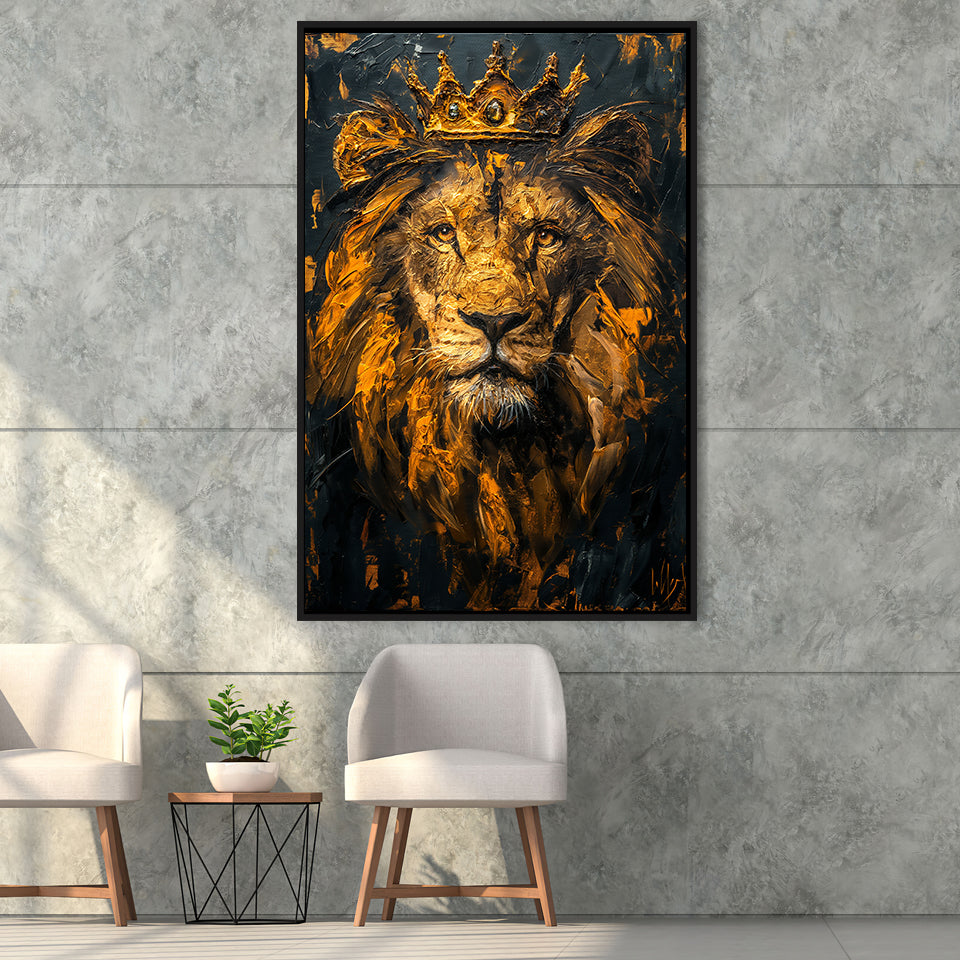 Lion King With Golden Crown Black Golden Feminist, Framed Canvas Prints Wall Art Decor, Floating Frame