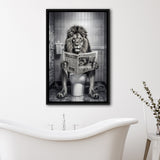 Lion Print Framed Canvas Prints Wall Art, Funny Bathroom Decor, Lion In Toilet
