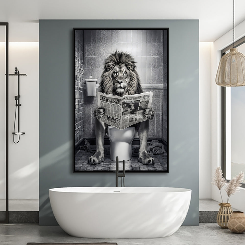 Lion Print Framed Canvas Prints Wall Art, Funny Bathroom Decor, Lion In Toilet