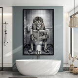 Lion Print Framed Canvas Prints Wall Art, Funny Bathroom Decor, Lion In Toilet