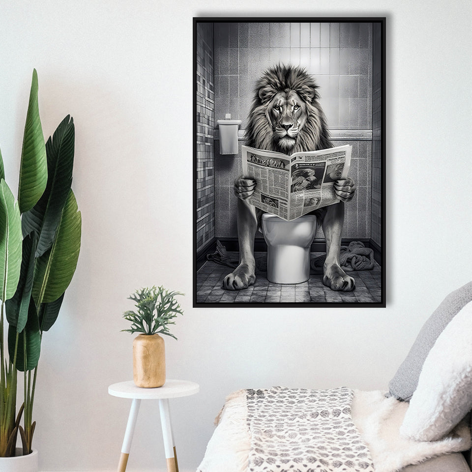 Lion Print Framed Canvas Prints Wall Art, Funny Bathroom Decor, Lion In Toilet