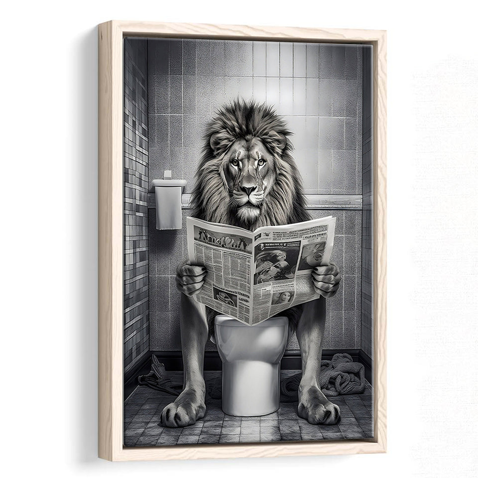Lion Print Framed Canvas Prints Wall Art, Funny Bathroom Decor, Lion In Toilet