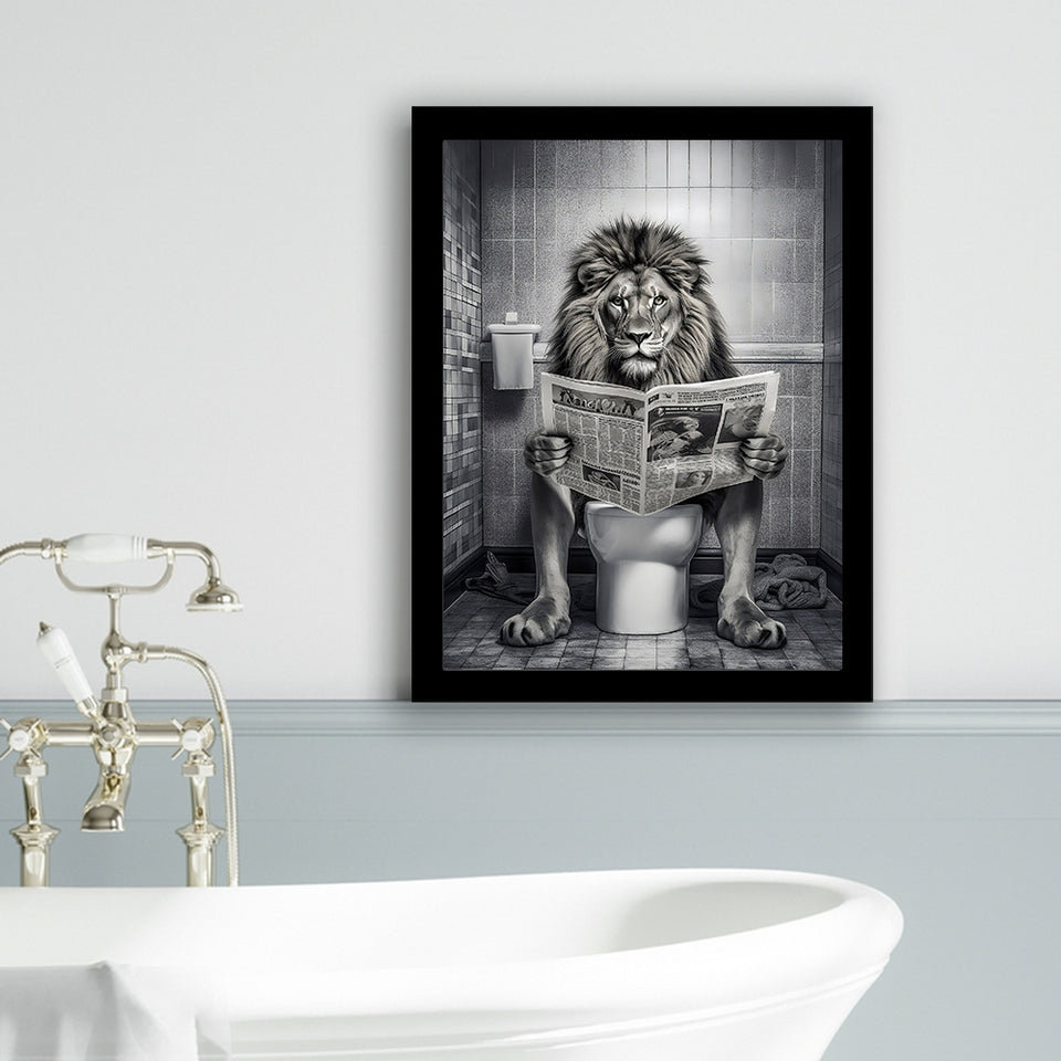 Lion Print Framed Art Print Wall Decor, Funny Bathroom Decor, Lion In Toilet