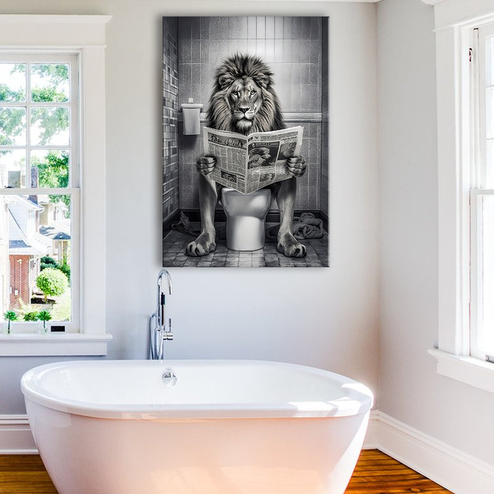 Lion Print Canvas Prints Wall Art, Funny Bathroom Decor, Lion in Toilet