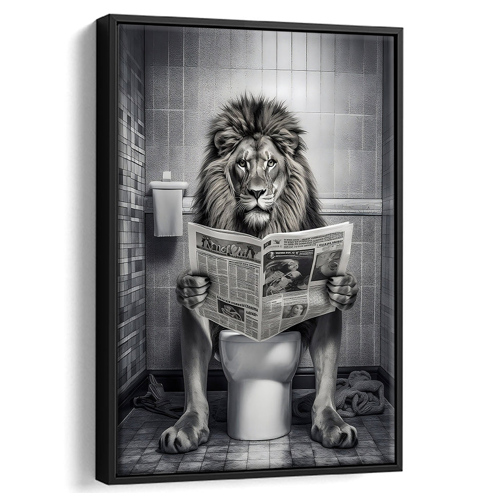 Lion Print Framed Canvas Prints Wall Art, Funny Bathroom Decor, Lion In Toilet